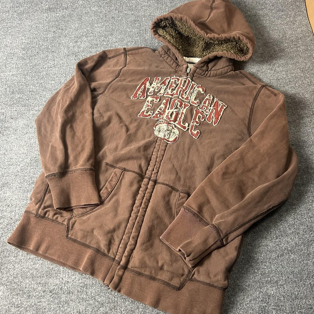 American Eagle Outfitters Hoodie Mens 2XL Brown Sherpa Lined Full Zip Sweatshirt